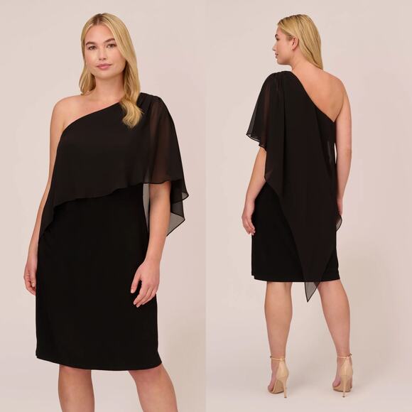 NWT Adrianna Papell Sz 8 Black One Shoulder Cocktail Evening Dress Chiffon Cape - Picture 1 of 7